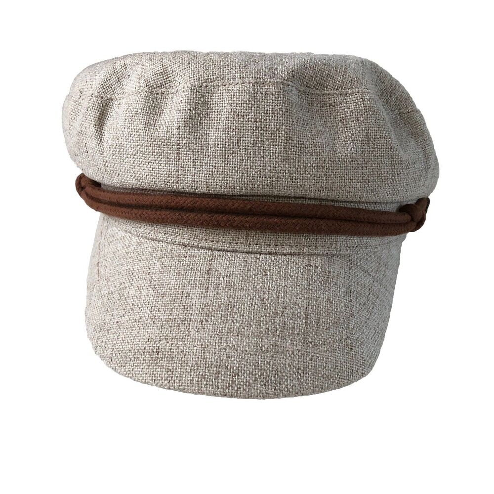 World Market Fiddler Cap Beige Linen Look Textured Baker Boy Brown Cord Detail